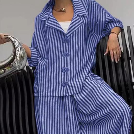 Completo casual da donna, camicia a maniche lunghe, pantaloni harem a gamba larga, set da 2 pezzi, pantaloni a nove punte a righe con risvolto autunnale, completo da donna