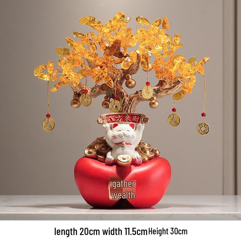 Fortune Cat Money Tree Figurine - Office, Shop, Reception & Housewarming Decoration