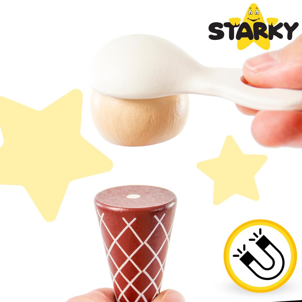 Wooden ice cream shop for children, toy, trolley on wheels, ice cream scoops, sticks