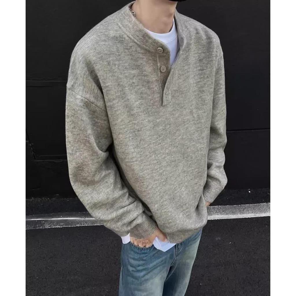 2025 Unisex American Retro Henley Sweater - Old Money Style with Lazy Vibe for Autumn/Winter