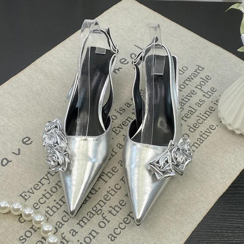 Romantické boční růžové květinové sandály s rolákovým podpatkem, dámské elegantní špičaté boty s kotěcím podpatkem, džínové jehlové boty, dámské ležérní párty boty