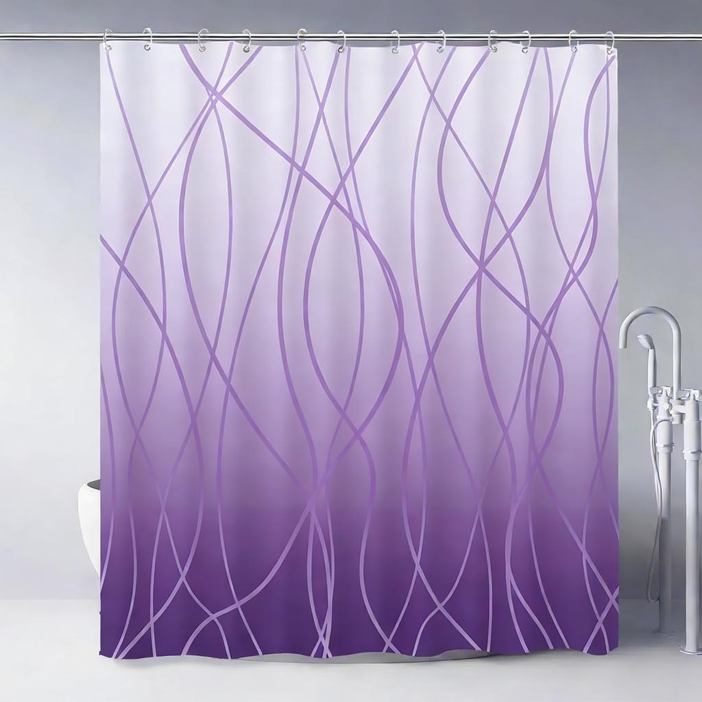 Modern Teal Gradient Wavy Line Art Waterproof Shower Curtain
