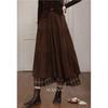Lu Xiangnan Plaid Midi Skirt - Brown Coffee, Soft Chap, Maillard Color Block for Women, Autumn Winter Style.