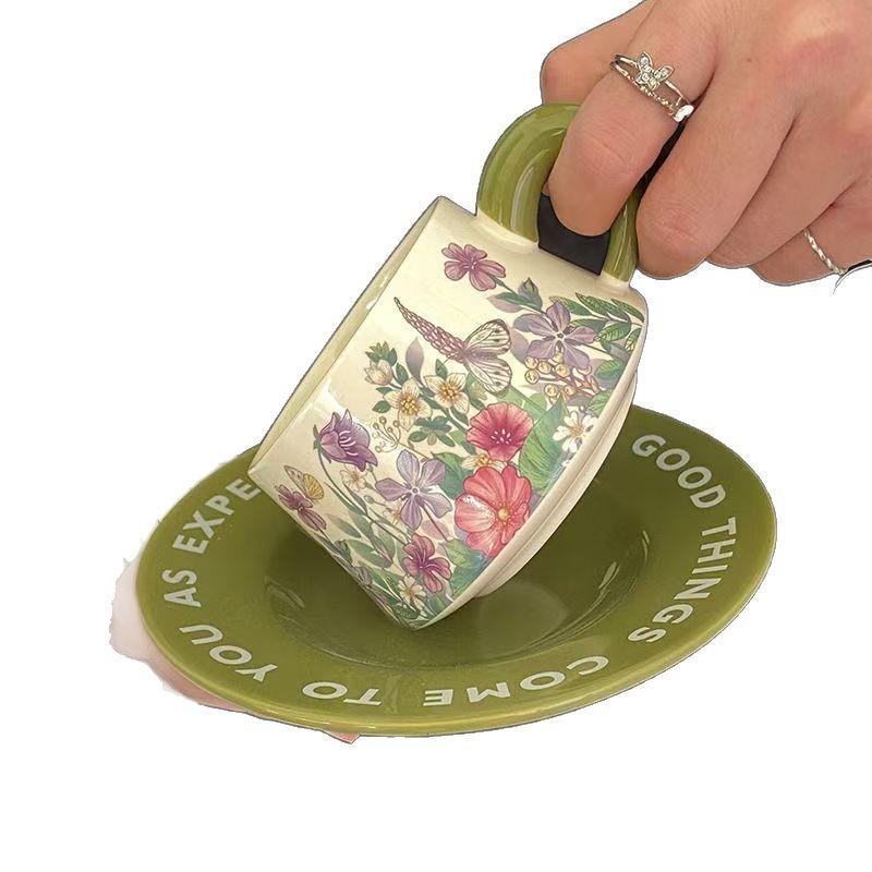 Retro Ceramic Cups And Saucers, Antique Oil Painting, Green Lily Of The Valley, Coffee Cup And Saucer, Hepburn Style Afternoon Tea