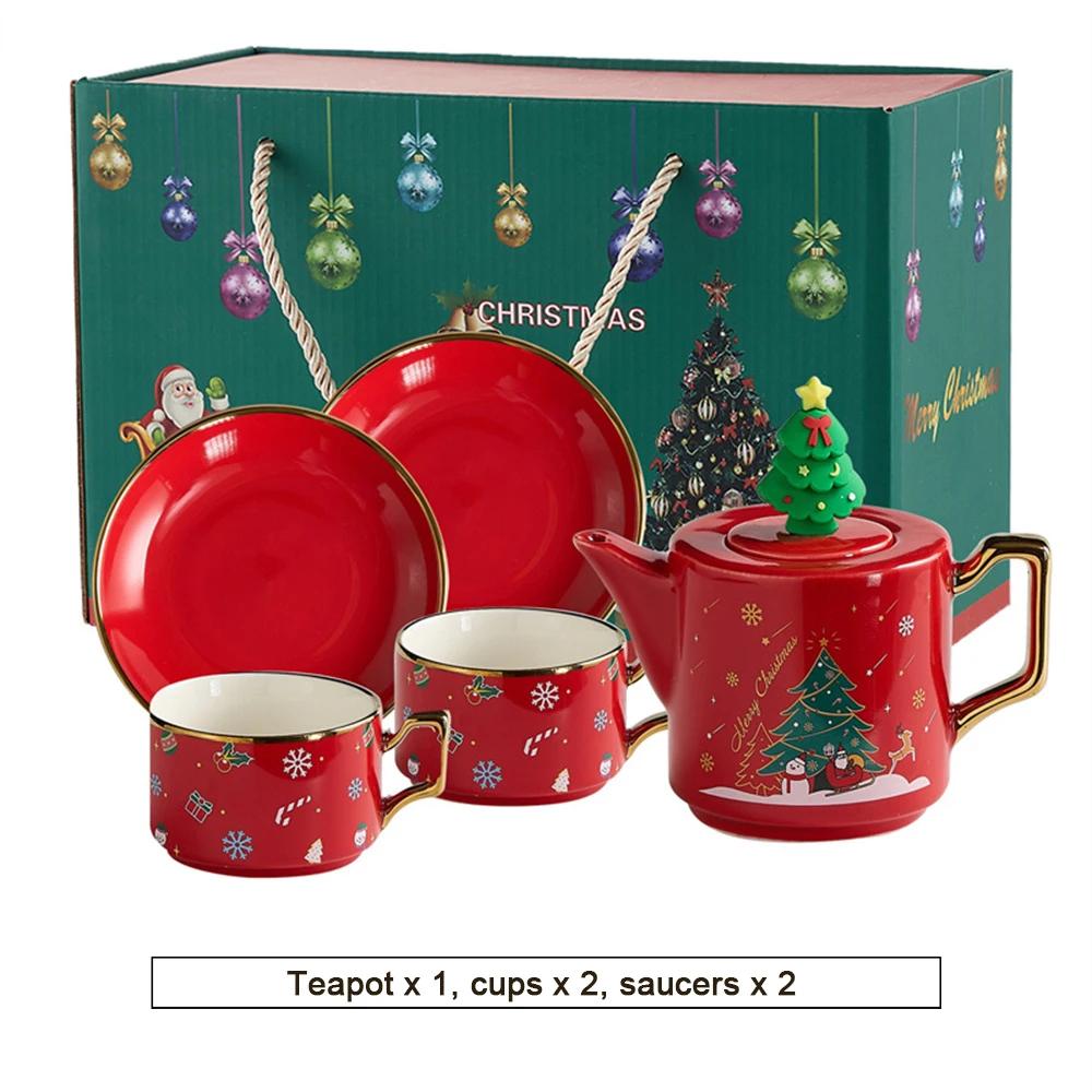Red Ceramics Teaware Sets Santa Claus Snowman Elk Teapot Teacup Christmas Coffee Cup Saucers Stackable Xmas New Year Gifts