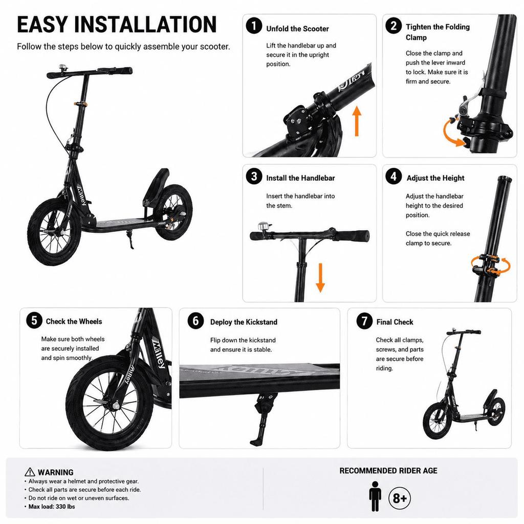 Shock-Absorbing Foldable Commuter Kick Scooter For Adults and Teens With 12" Large Smooth Rolling Rubber Air Tires