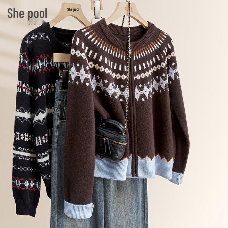 

Women s Fair Isle Round Neck Knitted Cardigan One Size