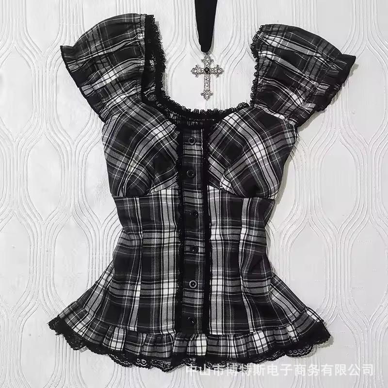 Gothic Style Slim-Fit Plaid Lace Skirt for Girls