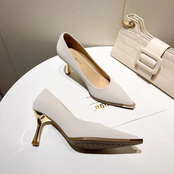 Fashion Women Shoes 2024 Spring Pumps Beige High Heels Work Dress Professional Pointed Wedge Sandals Ladies Shallow Mouth Latest 12cm Me