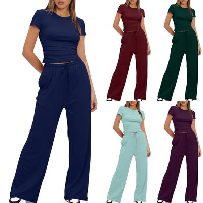Women 2 Piece Outfits Sets Summer Short Sleeve Ruched Tops And Wide Leg Pants Tracksuit Matching Outfits