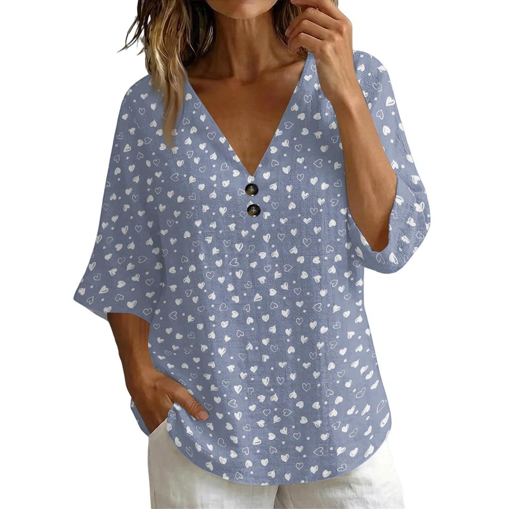 T-shirt da donna con scollo a V, stampa floreale vintage, vestibilità ampia, manica corta, misto lino, top casual con dettaglio a bottone