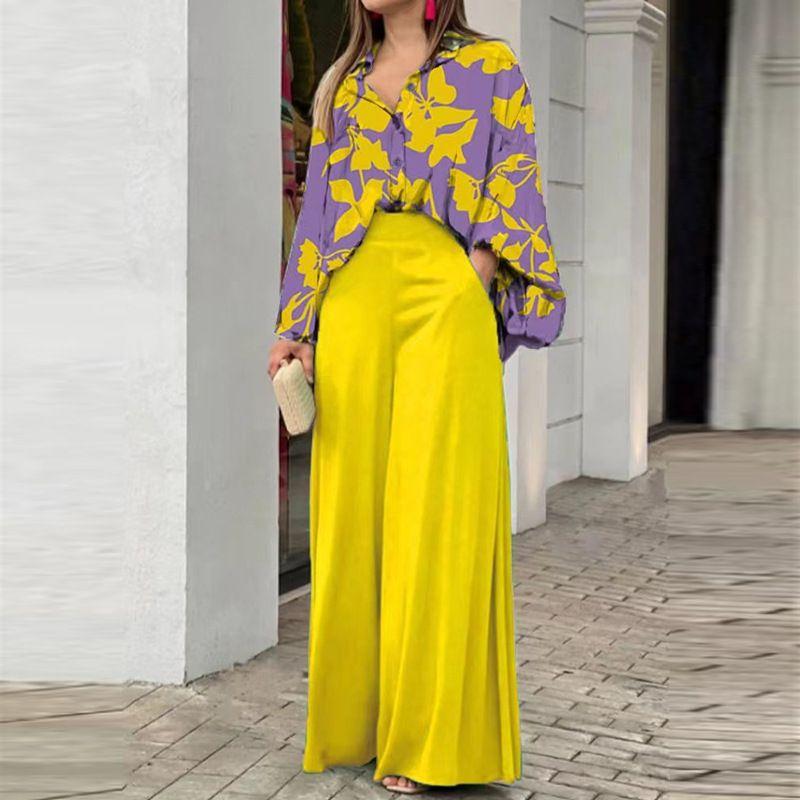 Casual Two Piece Sets Women Loose Casual Print Shirts Top Wide Leg Pants Two-piece Set