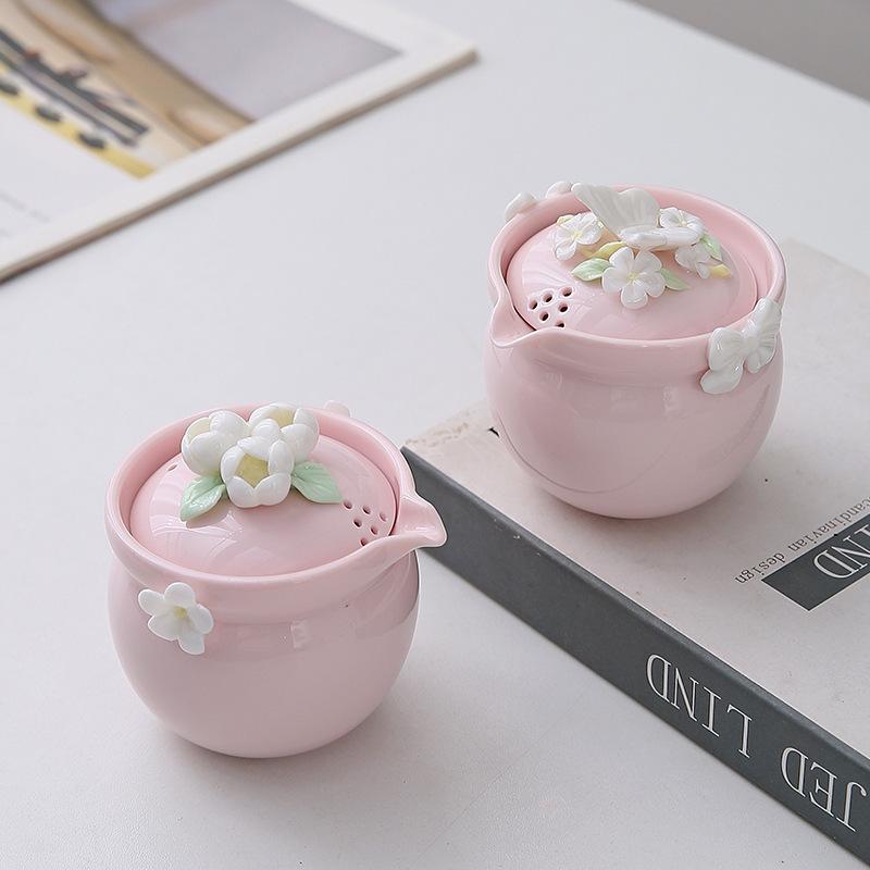 One Pot Two Cups Simple Travel Tea Set Butterfly Love Pink Quick Tea Cup Portable Outdoor Light Luxury Women's Teapot