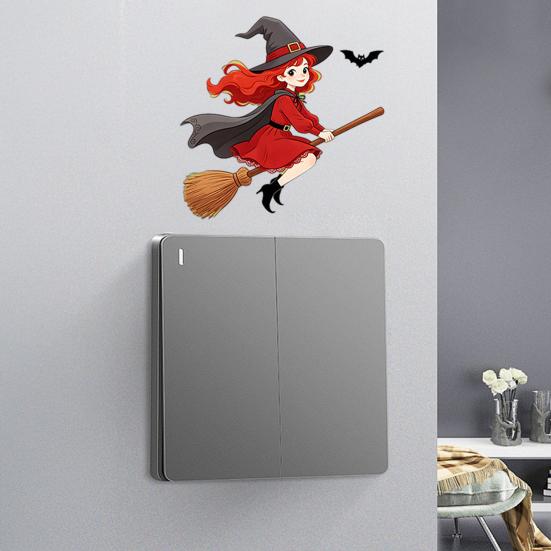Festive Party Ornaments Halloween Switch Sticker, Witch Riding Broom Light Decal, Easy Apply Wall Stickers Self-Adhesive for Bedroom Living
