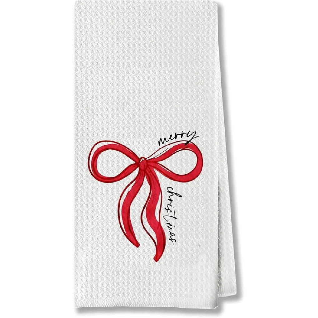 Christmas Lights Bow Kitchen Hand Towels for Bathroom, Holiday Dish Tea Towels, Christmas Decor, 16x24 Inch