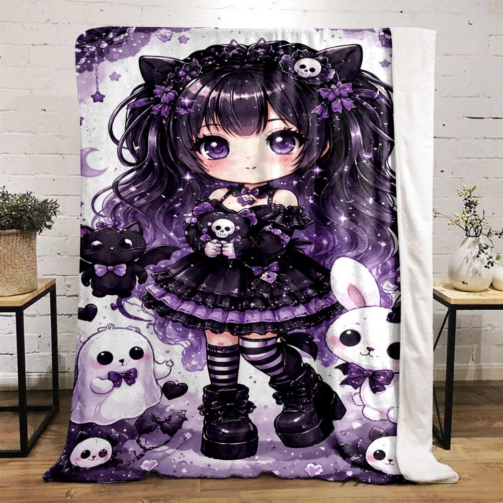 Cute Gothic Theme with Skulls, Bows, Black and Purple Accents, and Animals. for All Seasons Blanket Lunch Break Throw Gift