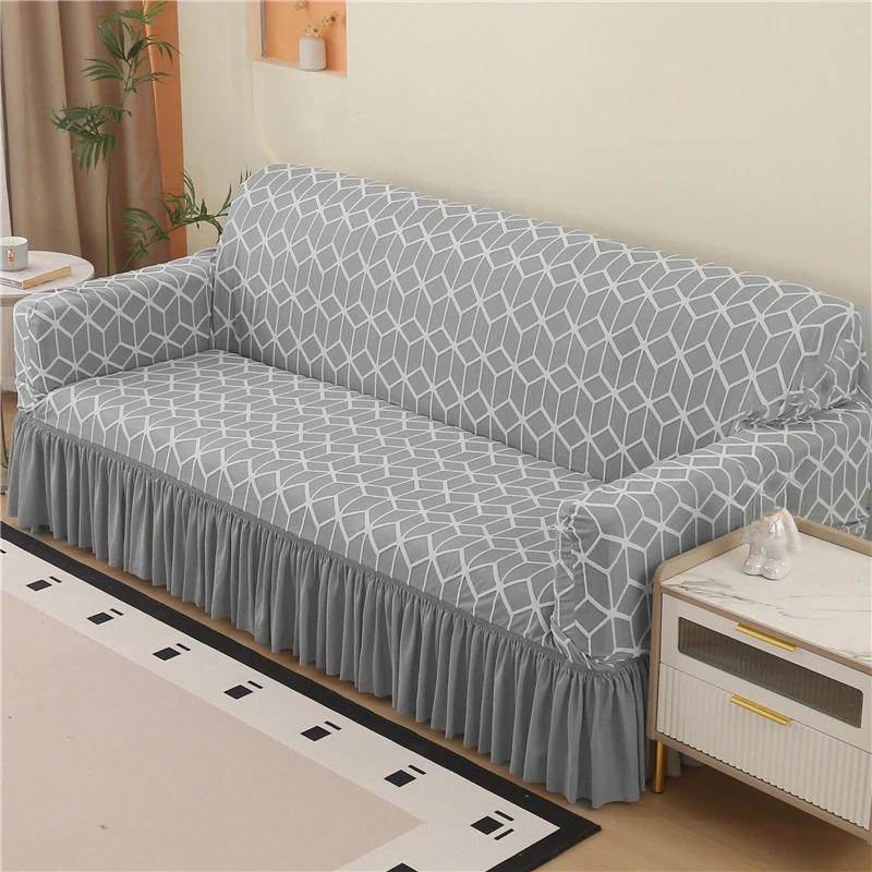 1/2/3/4/5 Seater Jacquard Sofa Slipcover Non-slip Sofa Cover with Skirt Elastic Couch Cover for Bedroom Office Living Room Decor