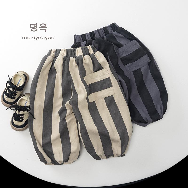 Korean Style Unisex Kids Striped Thickened Fleece Loose Wide Leg Trousers