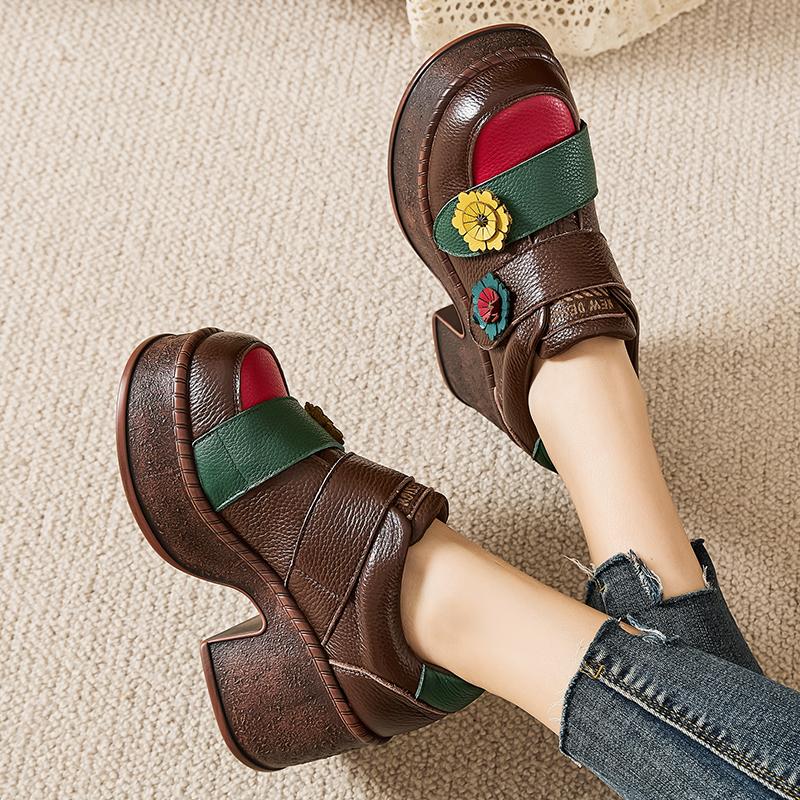 Fashion GKTINOO Handmade Retro Style Women Platform Shoes Spring Summer Genuine Leather Wedges Heel Pumps Casual Shoes