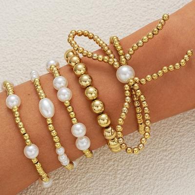 Novo Pulseira de Pérolas CCB Redondas Criativas com Laço Conjunto de 5 Peças Moda Versátil Tendência Joias