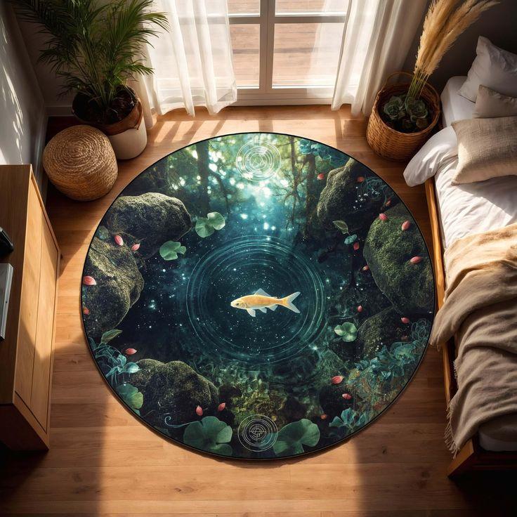 3D Visual Round Carpet With Fantasy Eye Ocean Vortex Koi Pond Waterfall Deep Hole Art Designs Rug For Home Decor