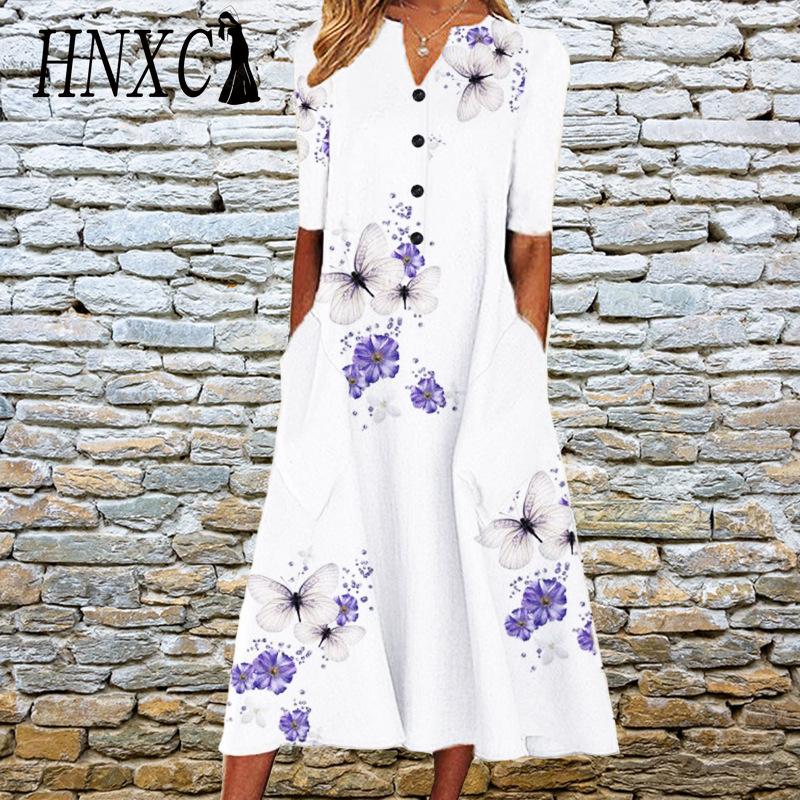 HNXC Elegant Women Dresses V Neck Short Sleeve Button Party Dress Female Summer Vintage Print Dress Casual Loose Floral Ladies Dresses