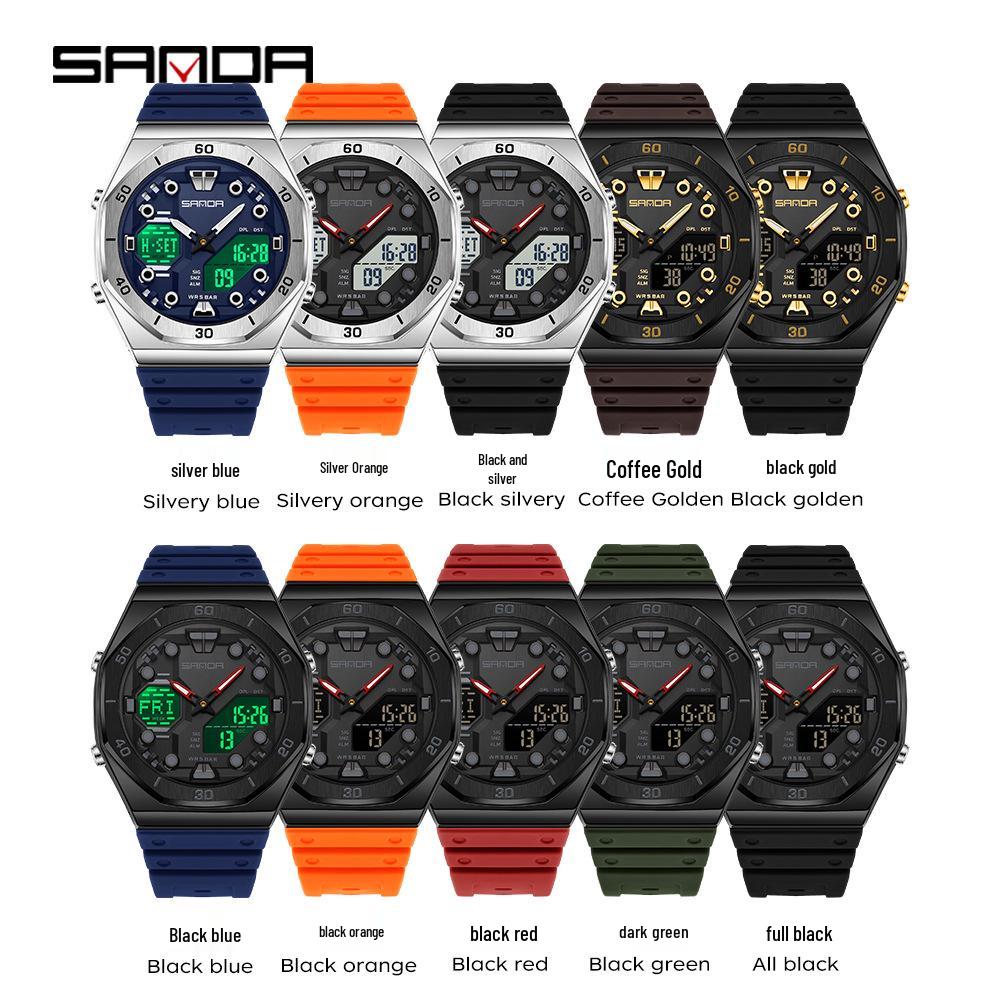 Sanda Men's Trendy Dual Display Casual Watch - Waterproof, Luminous, Octagonal Design with Countdown & Snooze Functions.