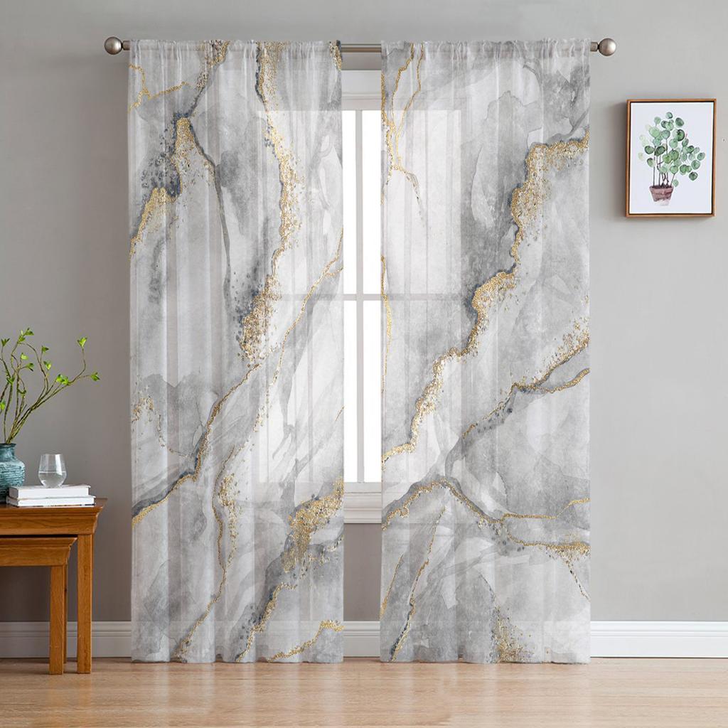 Luxury Tulle Curtains Marble Agate Summer Living Room Kitchen Chiffon Curtain Youth Bedroom Sheer Floor Valance Curtain