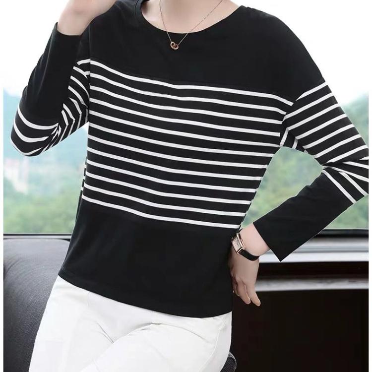M-5XL Long Sleeved T-shirt for Women Fashion Autumn Clothing Loose Round Collar Bottoming Shirt New Striped Top