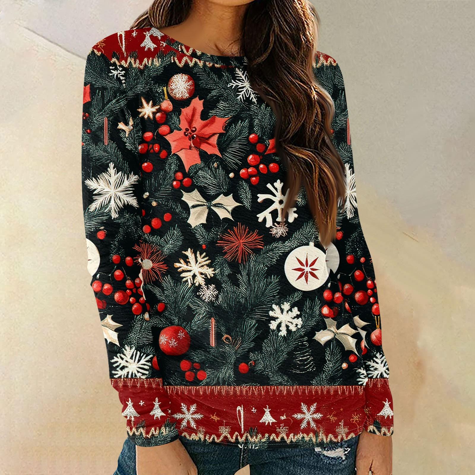 

Женские рубашки с длинным рукавом и круглым вырезом, повседневные топы, туники с рождественским принтом, свободные футболки M красный