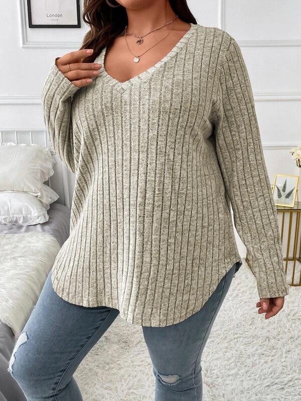 2025 Autumn/Winter Plus Size Women's V-Neck Long Sleeve Ribbed Loose Top