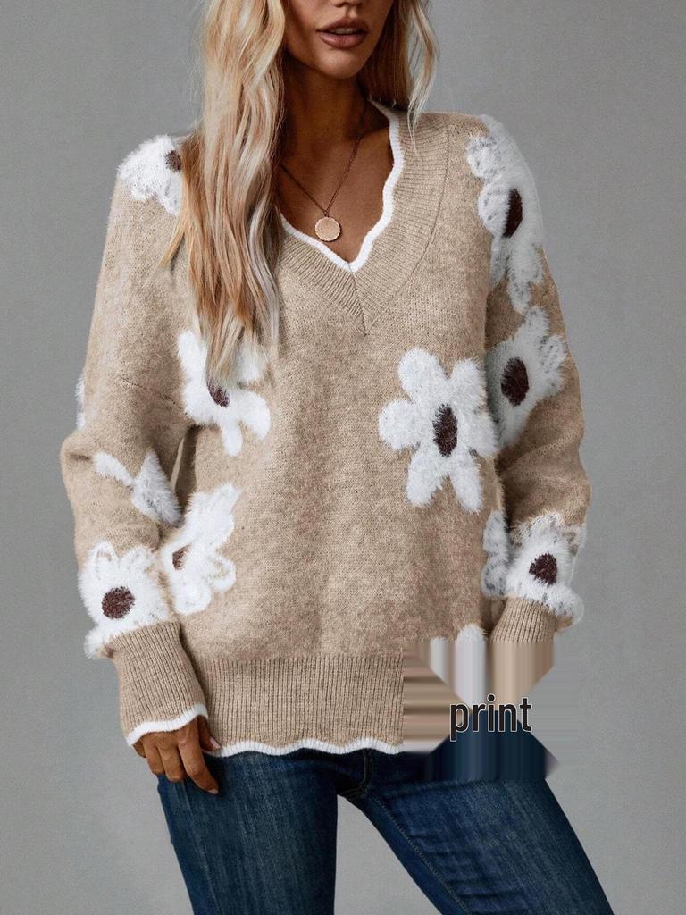 Women's Faux Mink Jacquard Lace Collar Knit Pullover Sweater for Autumn/Winter
