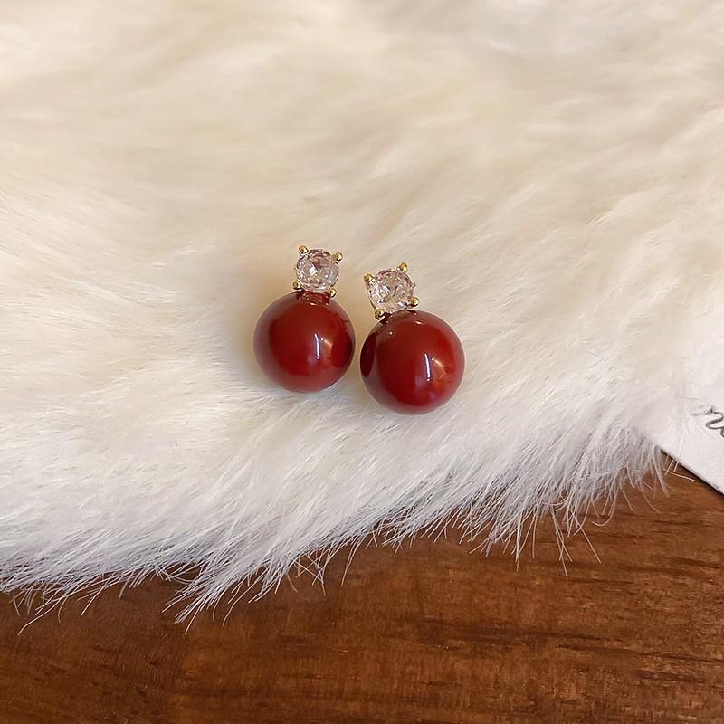 New Year's red flower flocking stud earrings women's niche earrings versatile earrings autumn and winter