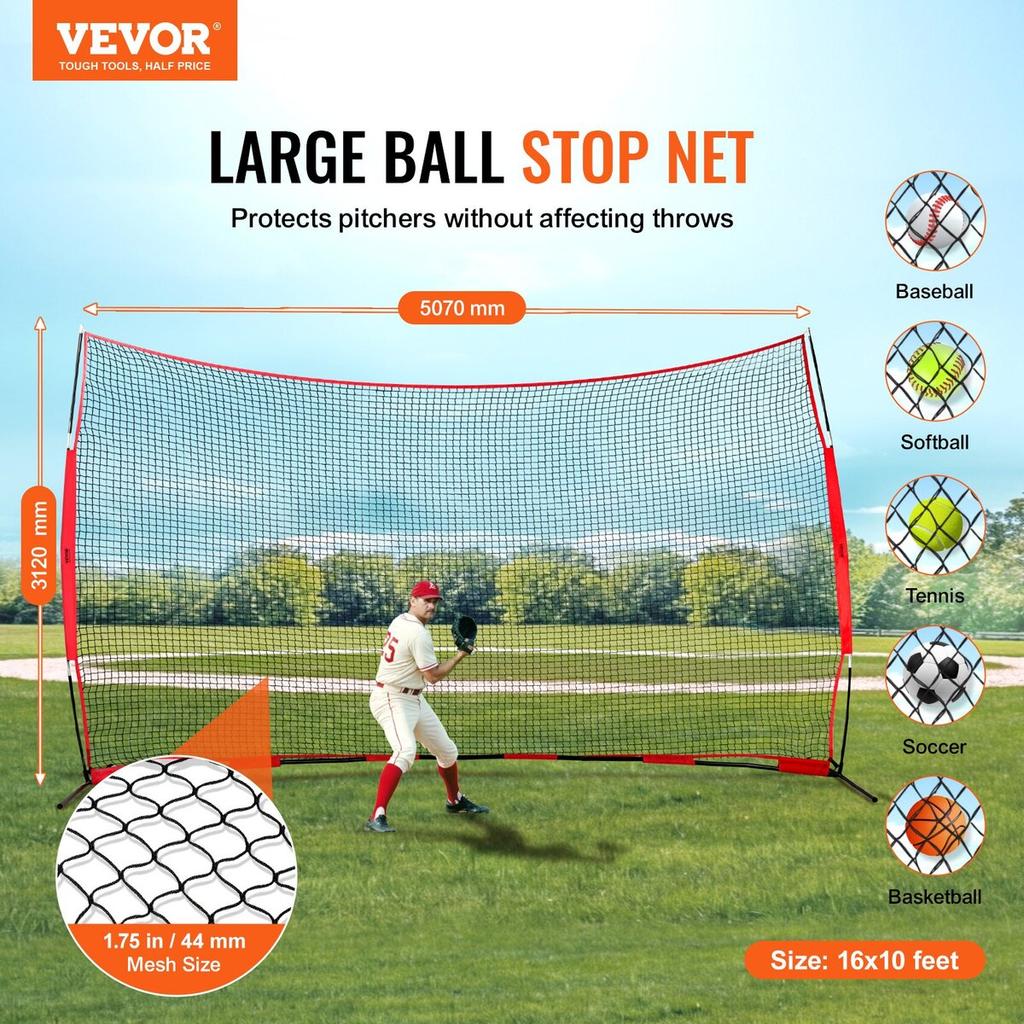 Barricade Backstop Net, 16x10 Ft Ball Sports Barrier Netting, Portable Practice Equipment with Carry Bag, Protection Screen for Baseball Softball