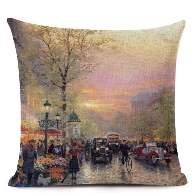 Городской пейзаж Картина маслом Хлопок Льняная наволочка для подушки Деревня Осень Зима Художественный декор Наволочка для дивана Наволочка 45X45CM
