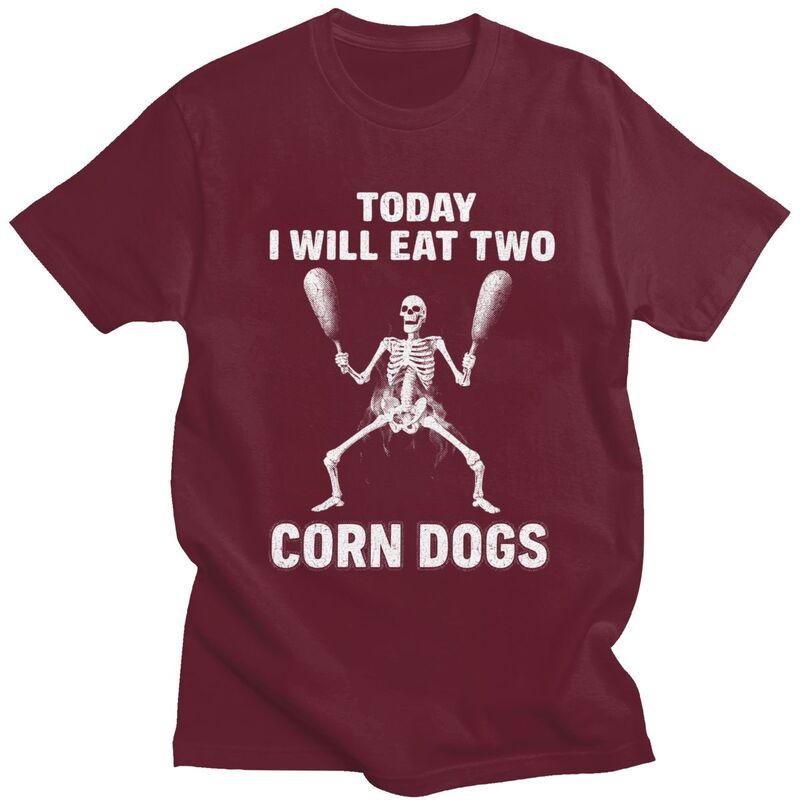 Skeleton Corn Dogs Funny Food Meme T Shirt for Men 100 Cotton Tshirts Sumer Style Short Sleeve Tee Shirt Slim Fit Clothing