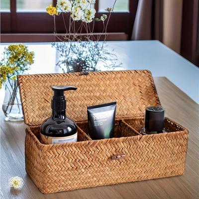 Lidded Seaweed Partitioned Storage Box, Handcrafted Woven Storage Basket, Rectangular Vintage Shelf, Wardrobe Storage