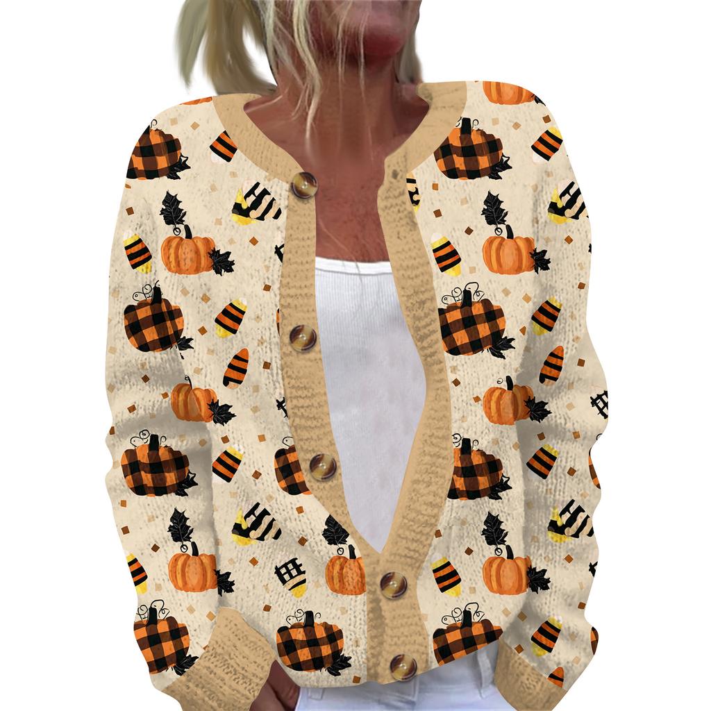 Damen Halloween Print Langarm Strickjacke Knopfleiste Oberbekleidung