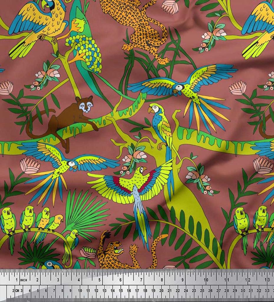 Soimoi Japan Crepe Satin Fabric Branches,Parrot & Leopard Jungle Print Fabric by the metre 42 Inch
