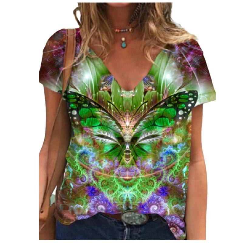 Blusas de Moda Primavera con Estampado de Mariposas Camisetas Casuales de Manga Corta con Cuello en V