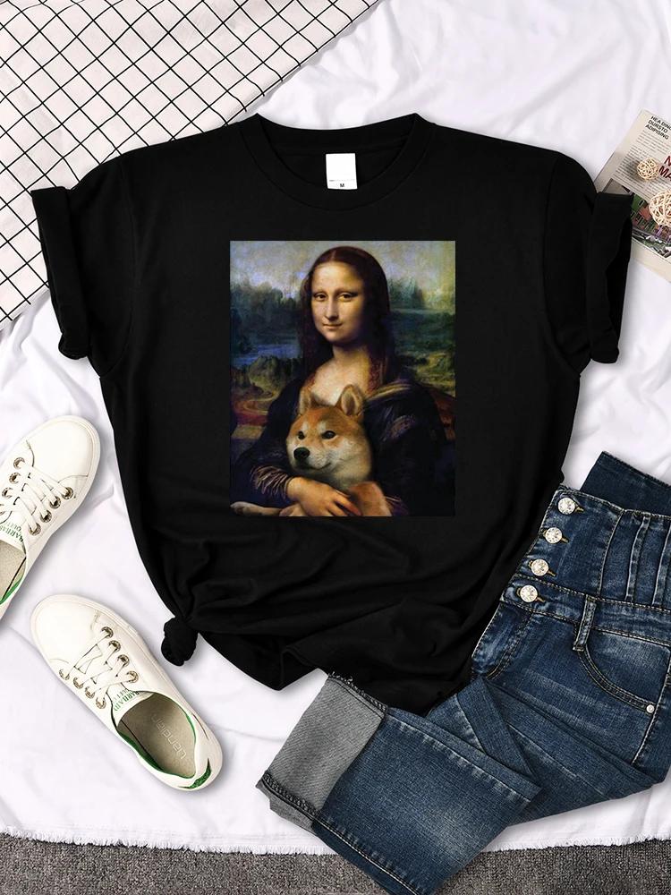 Mona Lisa T Shirts Funny Cat Lovely Cute Printed TShirt for WomenS Crewneck Gothic Women Tshirt Casual Female Tee Shirts