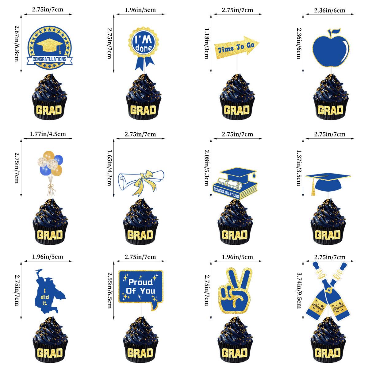 

4-Piece Set Of Graduation Season Flag Balloon Cake Card Set Spiral Pendant Plug-In Three-Dimensional 12 graduation cakes, blue cards.