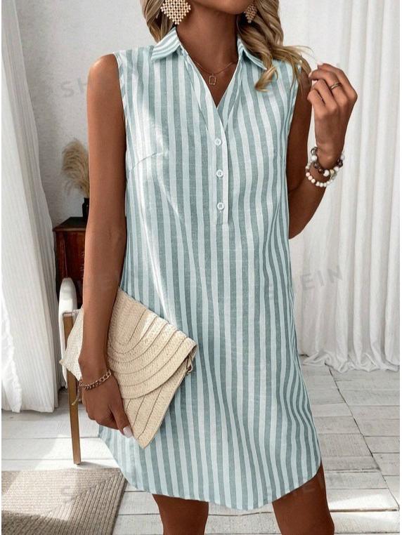 2026 Sleeveless V-Neck Button Stripe Shirt Dress - European & American Casual Fashion XXL зелёный