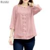 Women Casual Round Neck 3/4 Sleeve Patchwork Loose Blouse