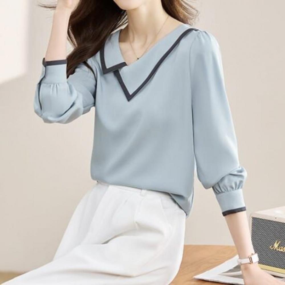 NaVaVa Color Block Point V Neck Collar Long sleeVe Blouse Nb2861