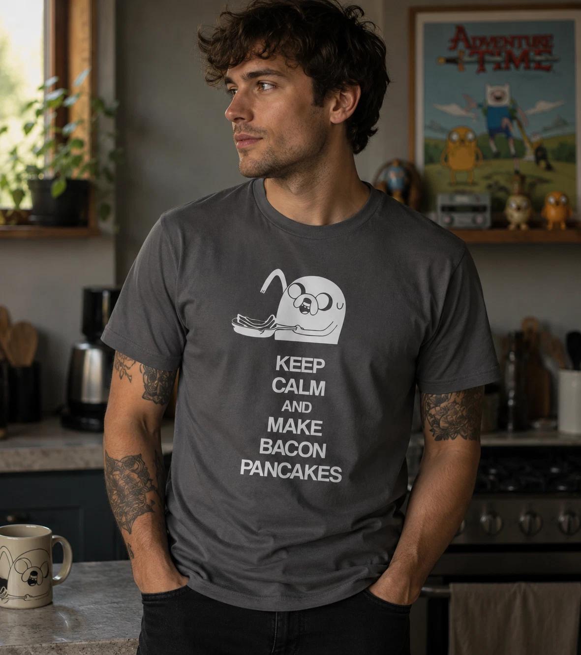 Adventure Time Jake Keep Calm And Make Bacon Pancakes Funny Cartoon T-Shirt XXXL