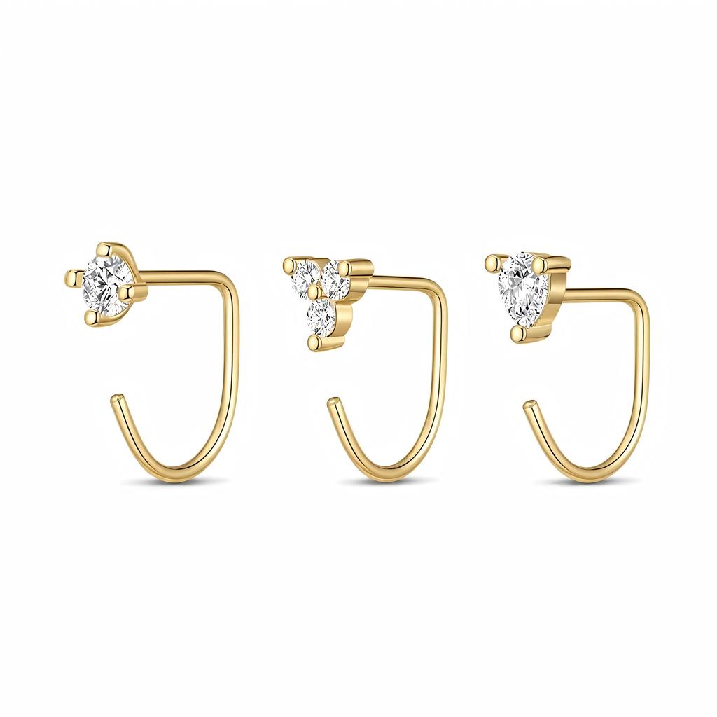 3Pcs Gold Plated C Shape Hook Earrings For Women Crystal Zircon Copper Cartilage Ear Piercing Earring Daily Wear Party Jewelry