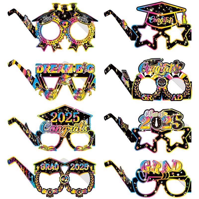 Schwarze Abschlussbrillen 2025 - 8er-Pack | Abschluss-Fotoautomaten-Requisiten 2025 für Abschlussdekorationen Abschlussjahrgang 2025