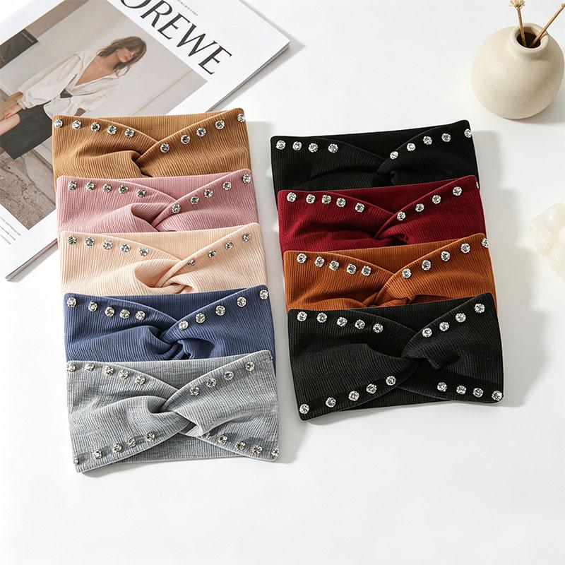 Versatile Rhinestone Elastic Headband for Face Washing & Sports - Simple, Solid Color, Sweat-Absorbing Fabric