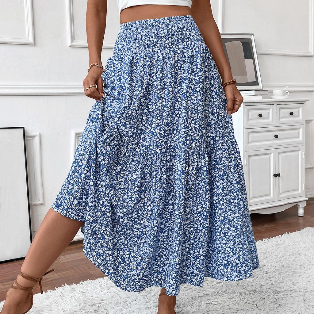 Women's Fashion Pleated Floral Print Elastic Waist Loose Splicing A Line Skirt
